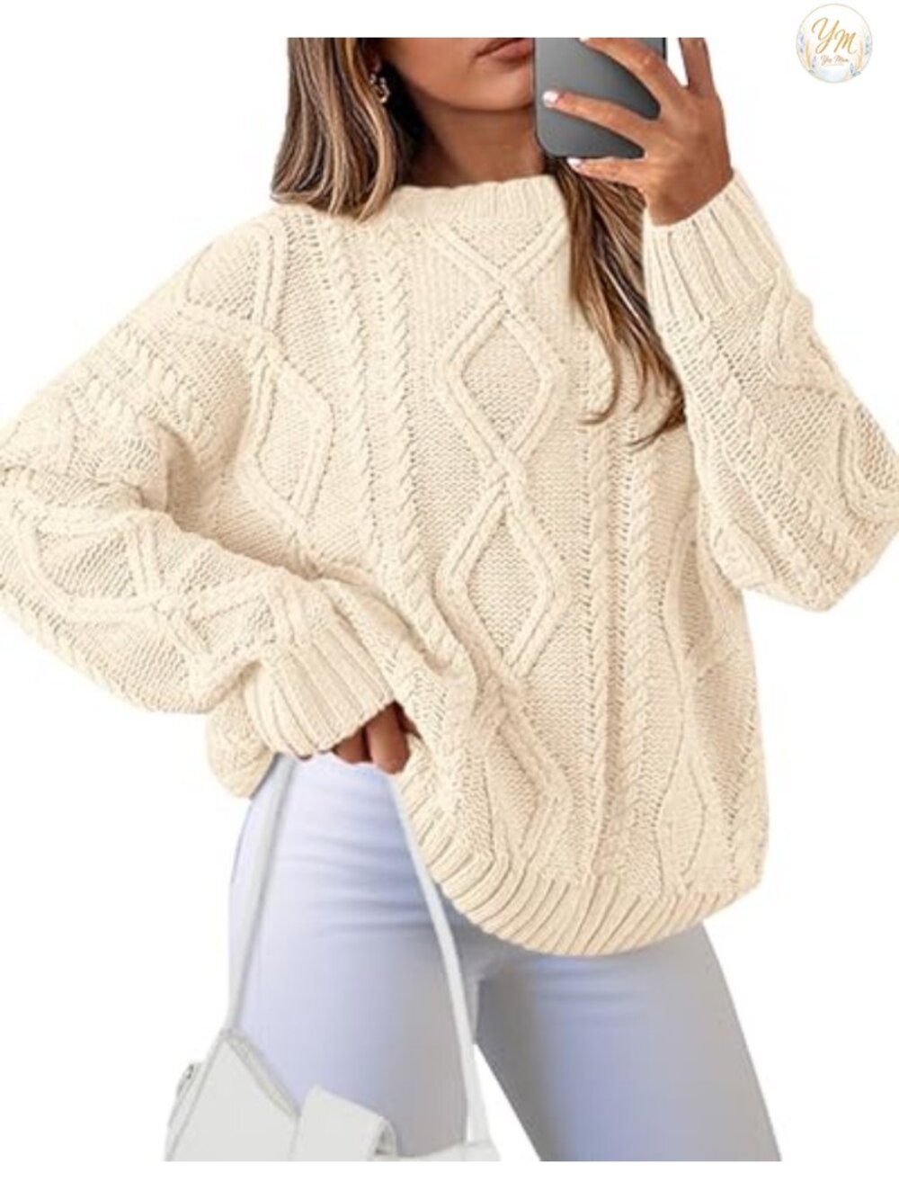 Women Long Sleeve Chunky Knit Cable Sweater Loose Fit Crew Neck Pullover